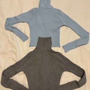 Women's Ribbed Turtleneck Sweater - Blue and grey